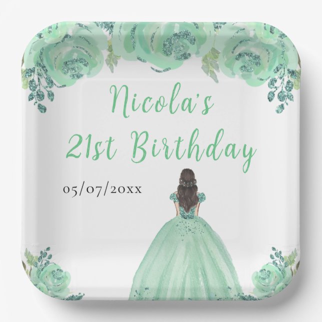 Brown Hair Princess Mint Floral Birthday Party Paper Plates (Front)
