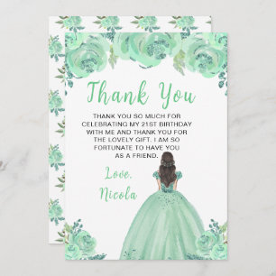 Brown Hair Princess Mint Floral Birthday Party Thank You Card