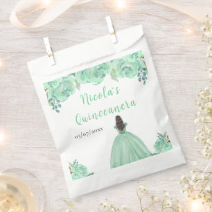 Brown Hair Princess Mint Floral Quinceanera Favor Bag