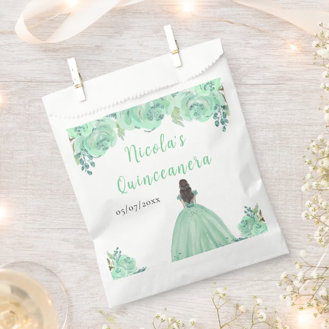 Brown Hair Princess Mint Floral Quinceanera Favor Bag (Clipped)