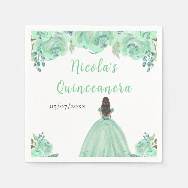Brown Hair Princess Mint Floral Quinceanera Napkins (Front)