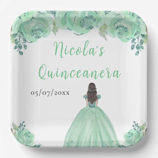 Brown Hair Princess Mint Floral Quinceanera Paper Plates (Front)