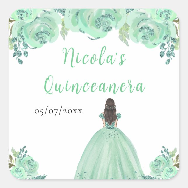 Brown Hair Princess Mint Floral Quinceanera Square Sticker (Front)