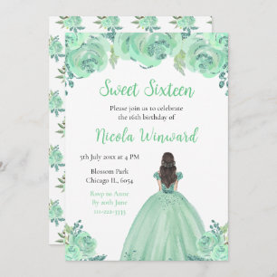Brown Hair Princess Mint Floral Sweet Sixteen Invitation