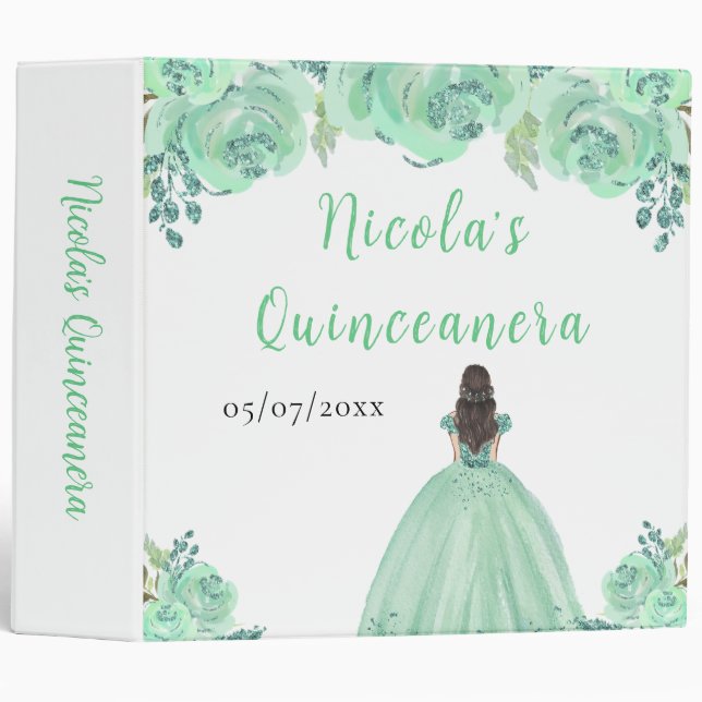 Brown Hair Princess Mint Quinceanera Photo Album 3 Ring Binder (Front/Spine)
