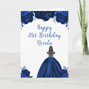 Brown Hair Princess Navy Floral Birthday Party Card