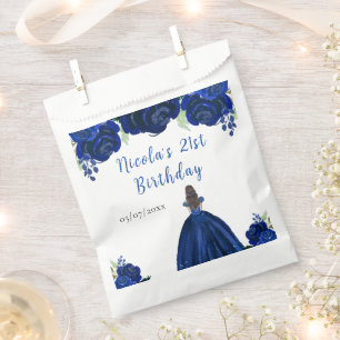 Brown Hair Princess Navy Floral Birthday Party Favor Bag