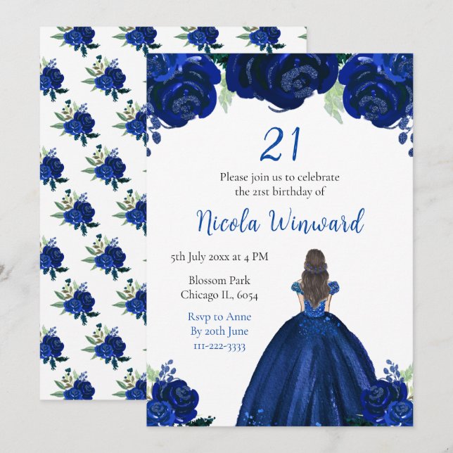 Brown Hair Princess Navy Floral Birthday Party Invitation (Front/Back)