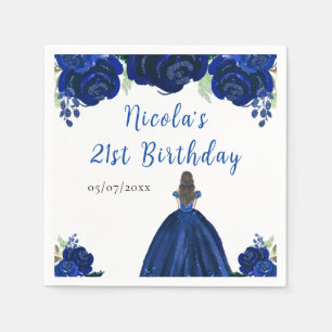 Brown Hair Princess Navy Floral Birthday Party Napkins