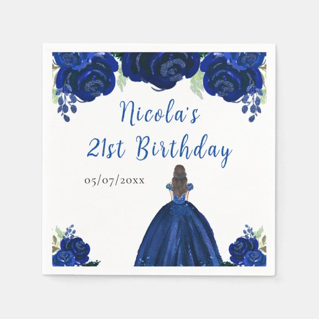 Brown Hair Princess Navy Floral Birthday Party Napkins (Front)
