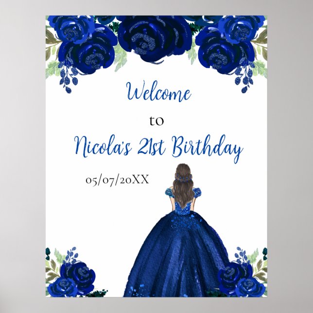 Brown Hair Princess Navy Floral Birthday Welcome Poster (Front)