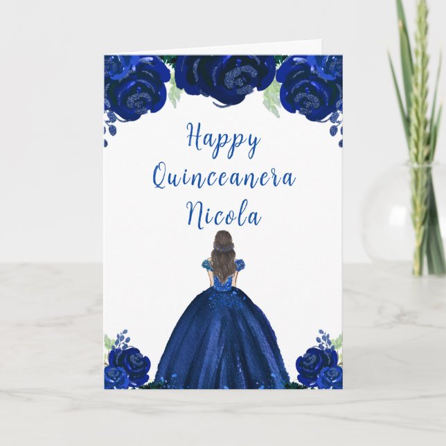 Brown Hair Princess Navy Floral Quinceanera Card (Front)