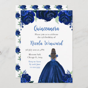 Brown Hair Princess Navy Floral Quinceanera Invitation