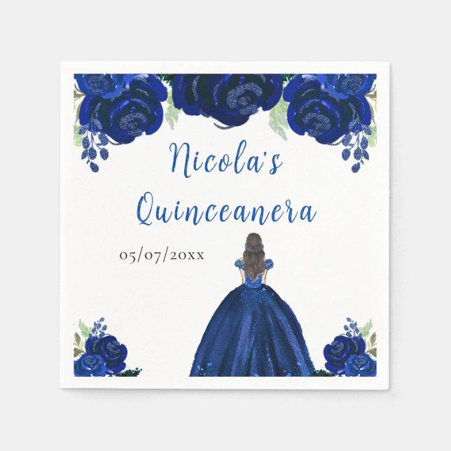 Brown Hair Princess Navy Floral Quinceanera Napkins (Front)