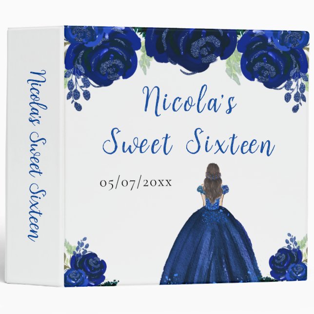 Brown Hair Princess Navy Floral Sweet Sixteen 3 Ring Binder (Front/Spine)