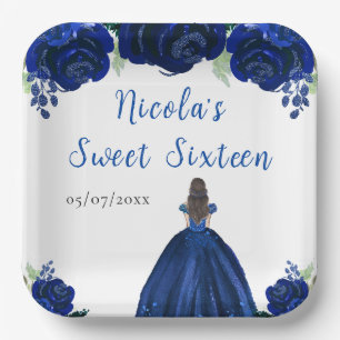 Brown Hair Princess Navy Floral Sweet Sixteen  Paper Plates