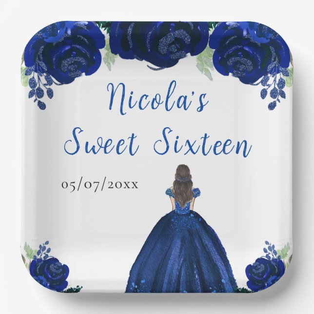 Brown Hair Princess Navy Floral Sweet Sixteen  Paper Plates (Front)