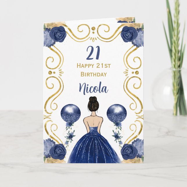 Brown Hair  Princess Navy Happy Birthday Card (Front)