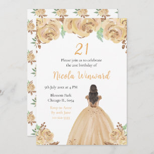 Brown Hair Princess Peach Floral Birthday Party Invitation