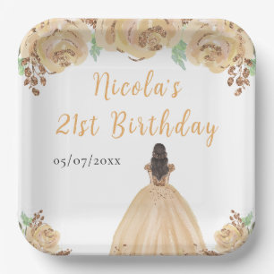 Brown Hair Princess Peach Floral Birthday Party Paper Plates