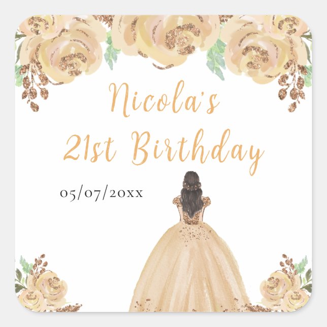 Brown Hair Princess Peach Floral Birthday Party Square Sticker (Front)