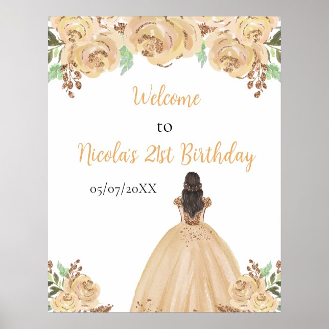 Brown Hair Princess Peach Floral Birthday Welcome Poster (Front)