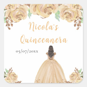 Brown Hair Princess Peach Floral Quinceanera Square Sticker