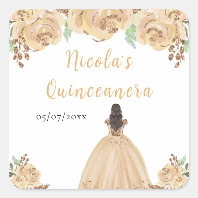 Brown Hair Princess Peach Floral Quinceanera Square Sticker (Front)