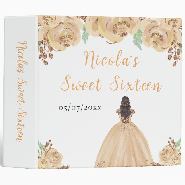 Brown Hair Princess Peach Floral Sweet Sixteen 3 Ring Binder (Front/Spine)