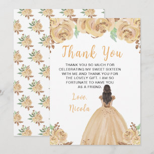 Brown Hair Princess Peach Floral Sweet Sixteen  Thank You Card
