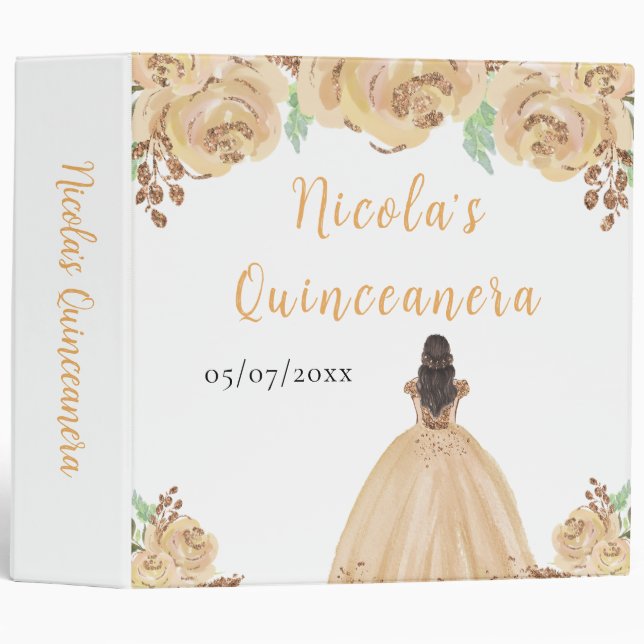 Brown Hair Princess Peach Quinceanera Photo Album 3 Ring Binder (Front/Spine)