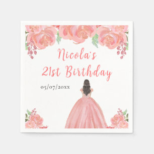 Brown Hair Princess Pink Floral Birthday Party Napkins