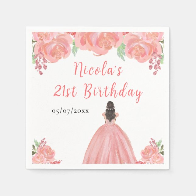 Brown Hair Princess Pink Floral Birthday Party Napkins (Front)