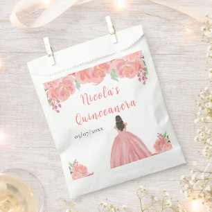 Brown Hair Princess Pink Floral Quinceanera Favor Bag