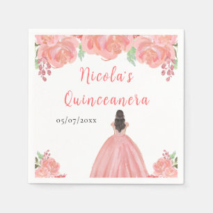 Brown Hair Princess Pink Floral Quinceanera Napkins