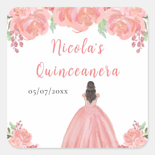 Brown Hair Princess Pink Floral Quinceanera Square Sticker (Front)