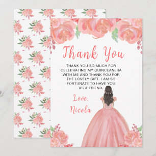 Brown Hair Princess Pink Floral Quinceanera Thank You Card