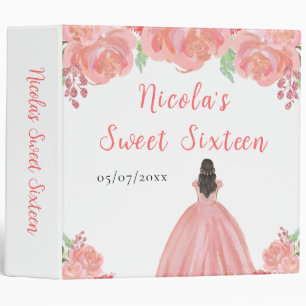 Brown Hair Princess Pink Floral Sweet Sixteen 3 Ring Binder