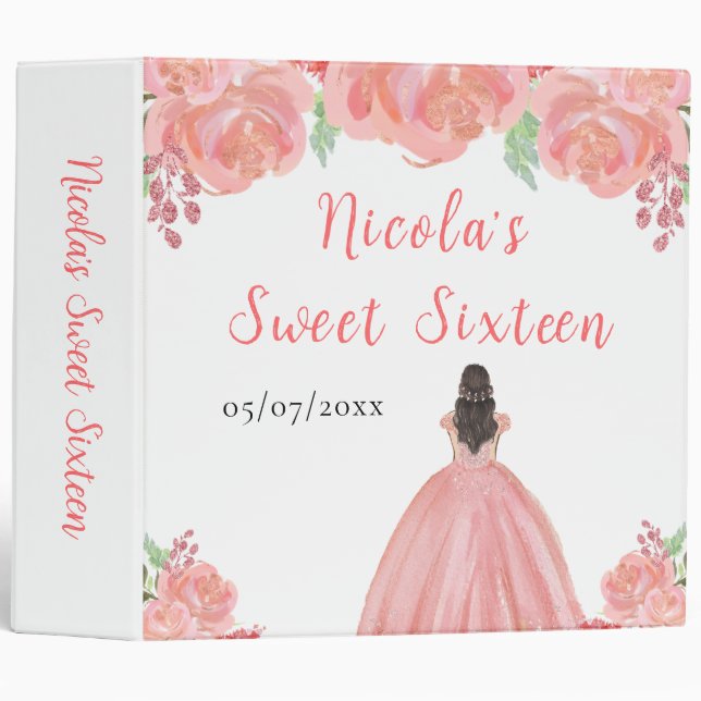 Brown Hair Princess Pink Floral Sweet Sixteen 3 Ring Binder (Front/Spine)
