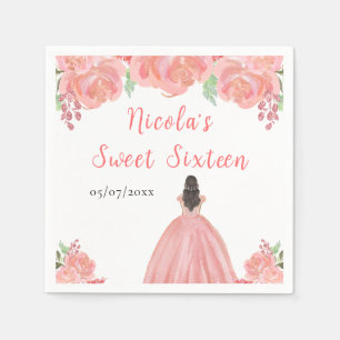 Brown Hair Princess Pink Floral Sweet Sixteen Napkins
