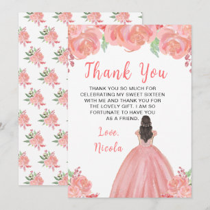 Brown Hair Princess Pink Floral Sweet Sixteen Thank You Card