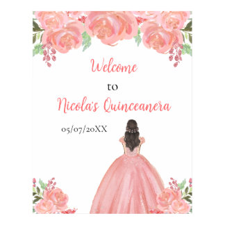 Brown Hair Princess Pink Quinceanera Welcome Poster