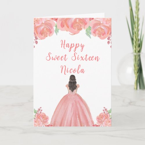 Brown Hair Princess Pink Sweet Sixteen  Card