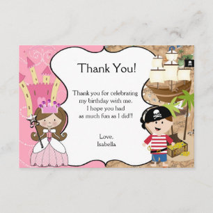 Brown Hair Princess & Pirate Party Thank You Card
