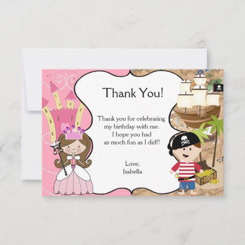 Brown Hair Princess  Pirate Party Thank You Card