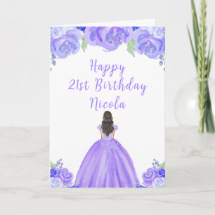 Brown Hair Princess Purple Floral Birthday Party Card
