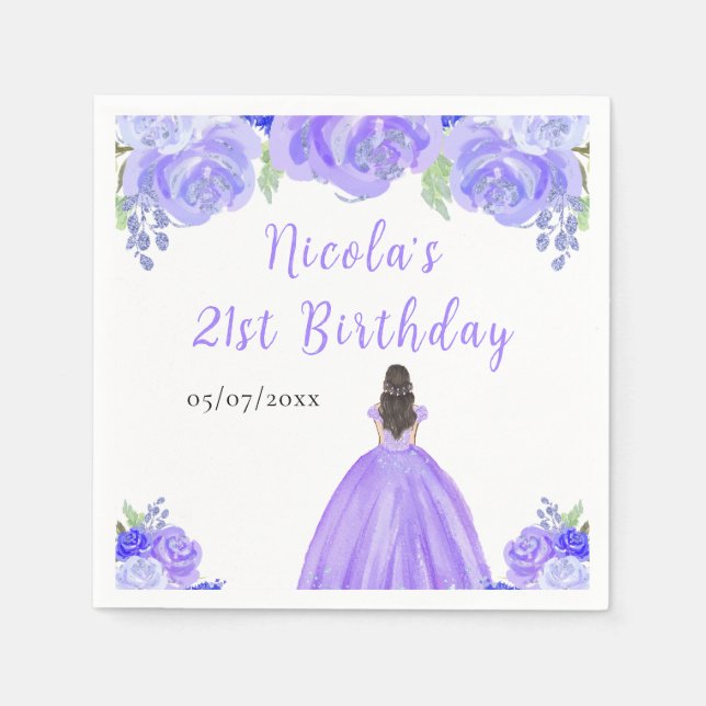Brown Hair Princess Purple Floral Birthday Party Napkins (Front)