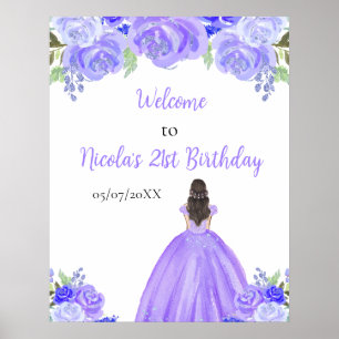 Brown Hair Princess Purple Floral Birthday Welcome Poster