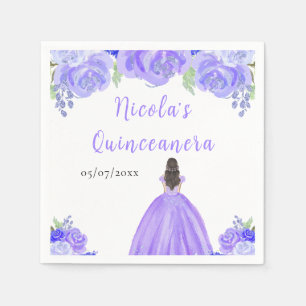 Brown Hair Princess Purple Floral Quinceanera Napkins