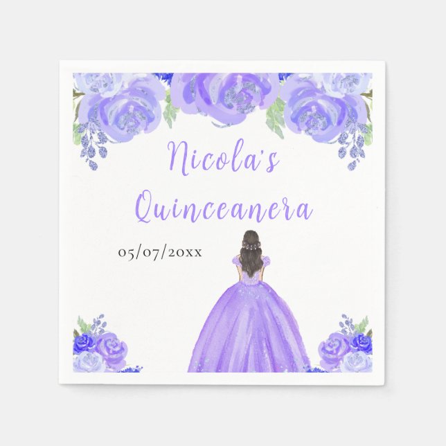 Brown Hair Princess Purple Floral Quinceanera Napkins (Front)